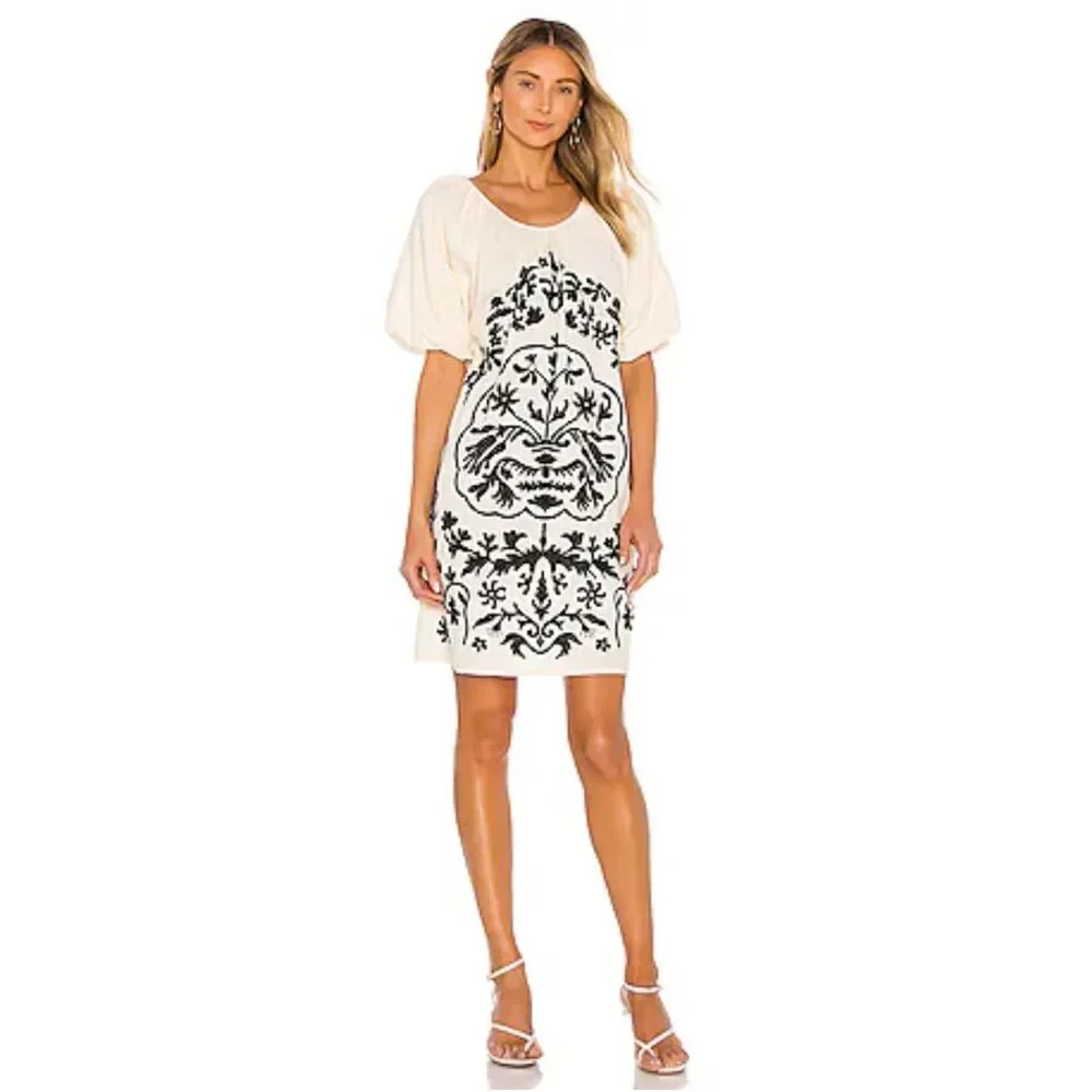 Free People Ivory Fiona‎ Mini Dress Size L New w/o Tags Puff Sleeve Pockets